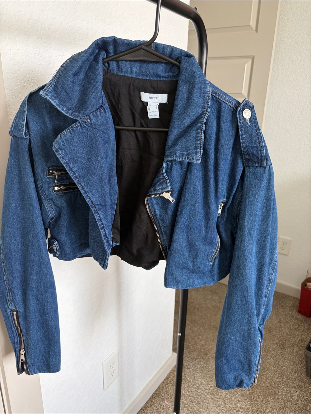 Forever 21 Dark Blue Cropped Denim Moto Jacket